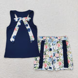 Floral Bow Solid Navy Ruffles Girls Shorts Sets
