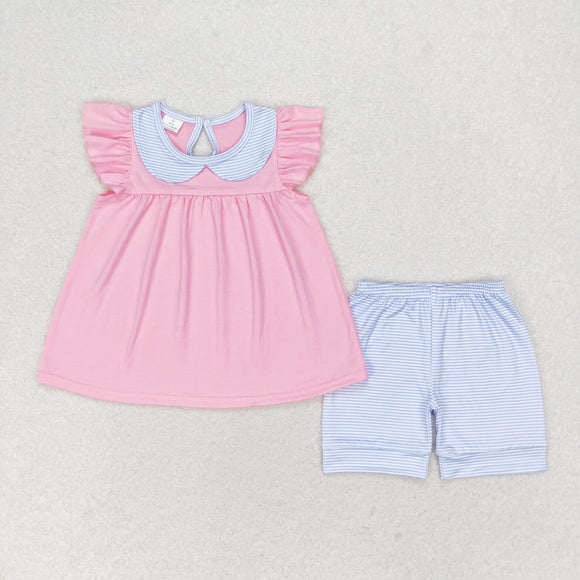 Solid Blue Stripe Doll Collar Pink Girls Shorts Sets