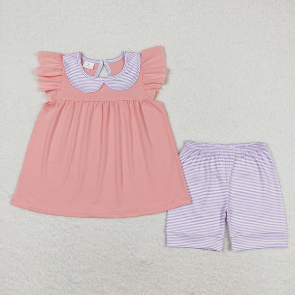 Solid Purple Stripe Doll Collar Pink Girls Shorts Sets