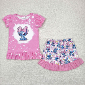 Cartoon Pink Plaid Girls Shorts Sets
