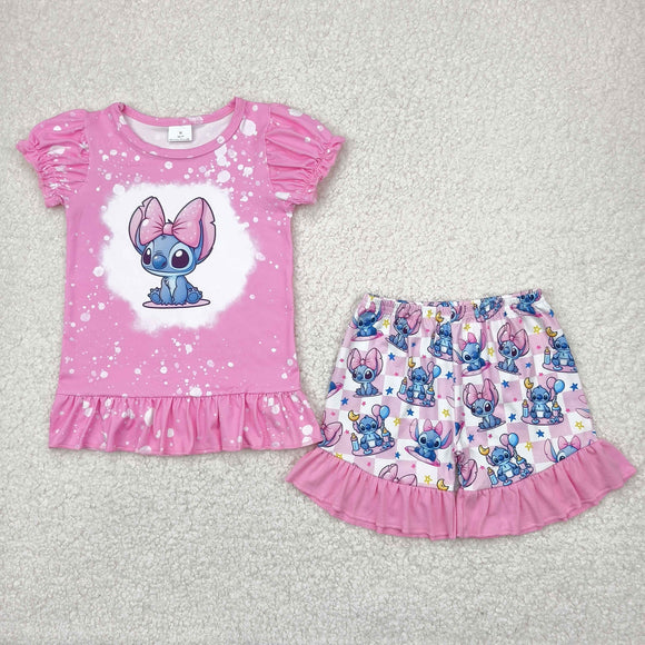 Cartoon Pink Plaid Girls Shorts Sets