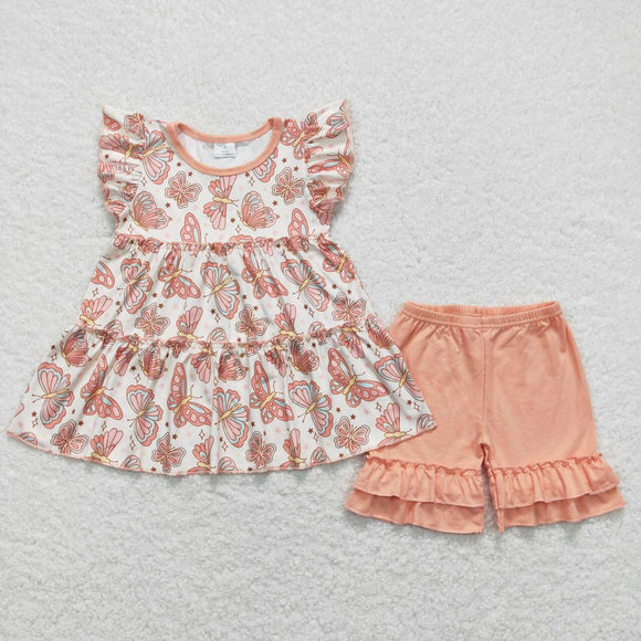 Butterfly Beige Orange Girls Shorts Sets