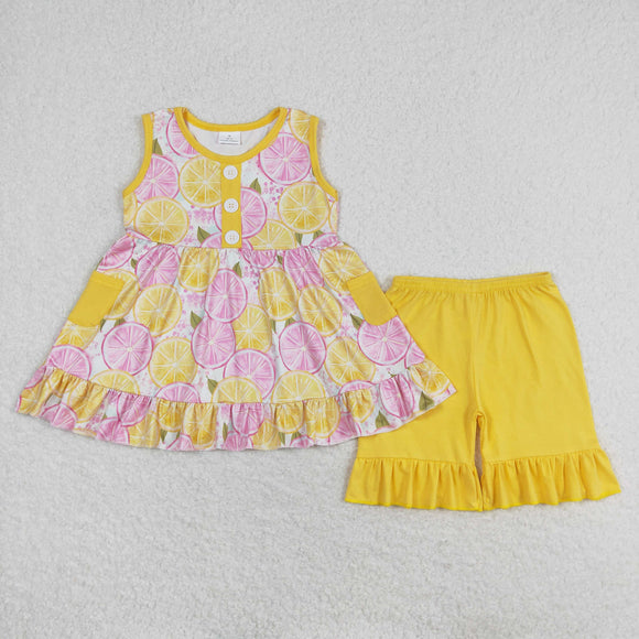 Orange Yellow Pocket Girls Shorts Sets