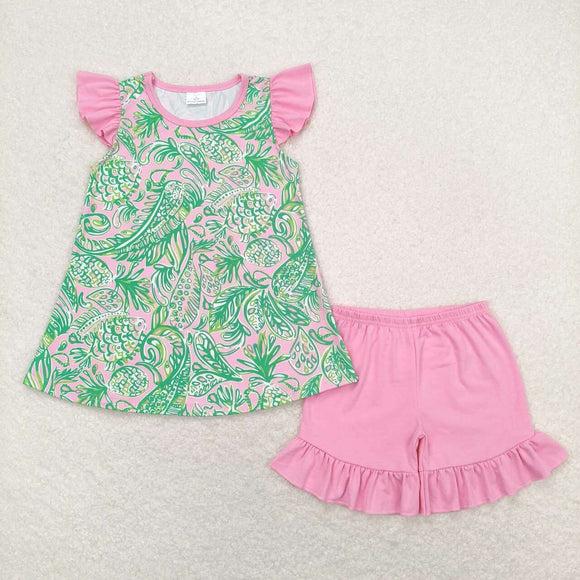 Sea Grass Fish Pink Green Girls Shorts Sets