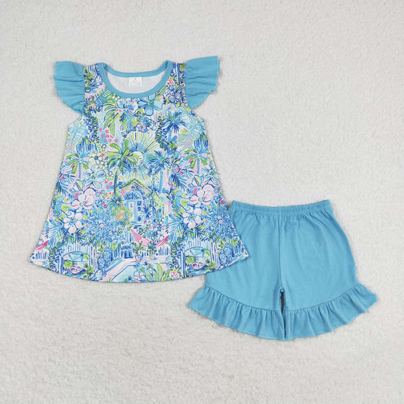 Landscape Painting Blue Ruffles Girls Shorts Sets