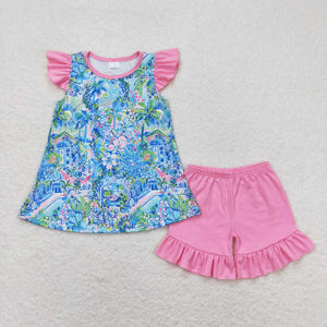 Landscape Painting Pink Ruffles Girls Shorts Sets