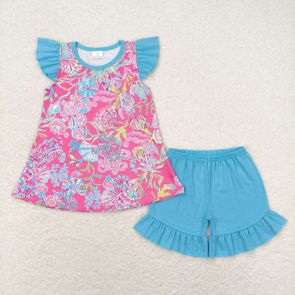 Sea Grass Shell Hot Pink Blue Girls Shorts Sets