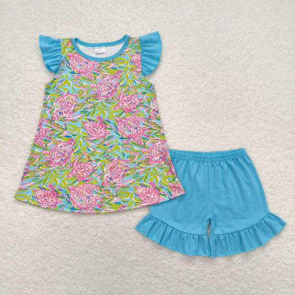 Sea Grass Tortoise Blue Girls Shorts Sets