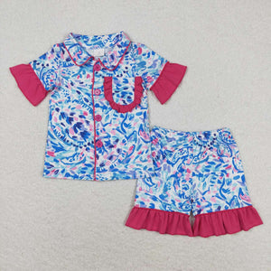 Sea Grass Hot Pink Ruffles Girls Short Sleeve Pajamas