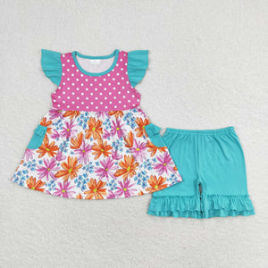 Floral Polka Dots Bluish Pink Girls Shorts Sets