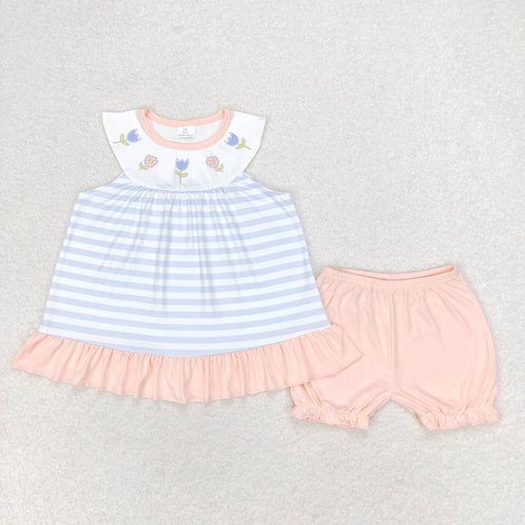 Floral Stripe Light Girls Shorts Sets