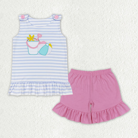 Beach Ball Stripe Pink Girls Shorts Sets