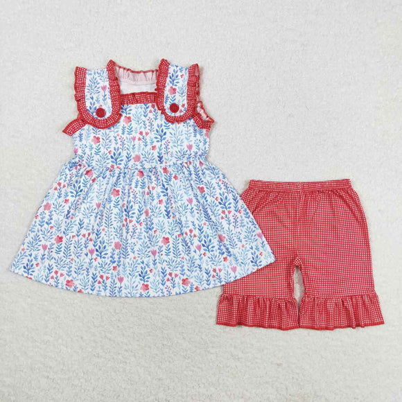 Floral Red Plaid Ruffles Girls 4th of July Outfits