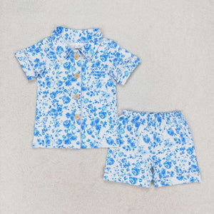 Kids Floral Blue White Mommy & Me Girls Short Sleeve Pajamas