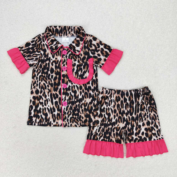 Kids Leopard Print Hot Pink Ruffles Mommy & Me Girls Short Sleeve Pajamas