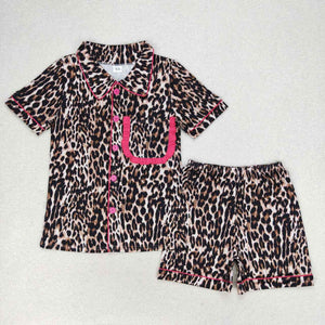 Adults Leopard Print Hot Pink Ruffles Women Short Sleeve Pajamas