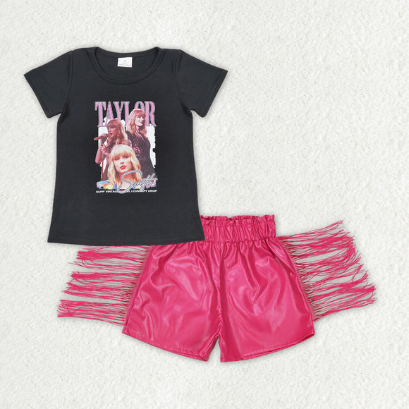 Singer Black Hot Pink Leather Tassels Girls Shorts Sets