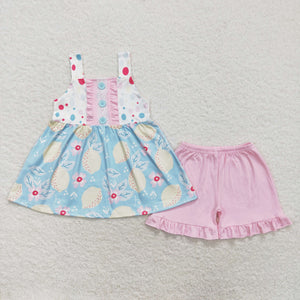 Lemon Floral Blue Pink Ruffles Girls Shorts Sets