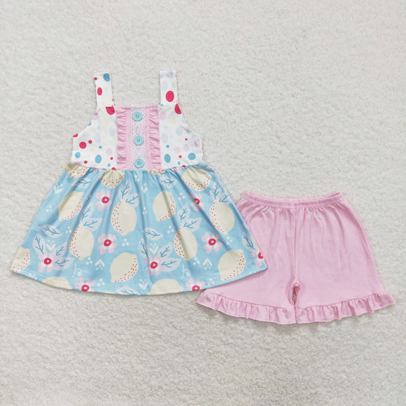 Lemon Floral Blue Pink Ruffles Girls Shorts Sets