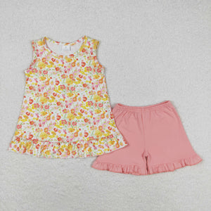 Yellow Pink Floral Girls Shorts Sets