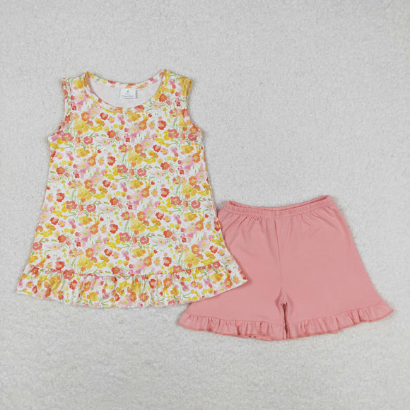 Yellow Pink Floral Girls Shorts Sets