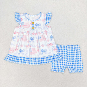 Flag Floral Blue Plaid Bows Girls 4th of July Outfits