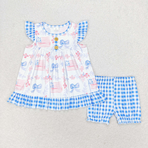 Flag Floral Blue Plaid Bows Girls 4th of July Outfits