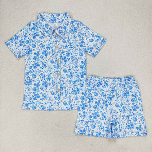 Adults Floral Blue White Women Short Sleeve Pajamas