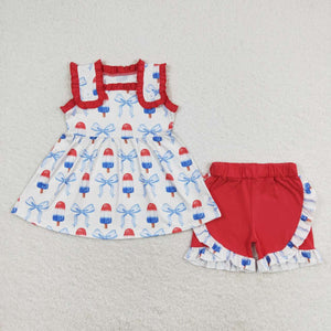 Popsicle Bow Pattern Red Ruffles Girls 4th of July Outfits