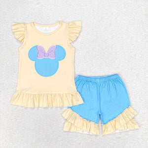 Cartoon Blue Stripe Yellow Girls Shorts Sets