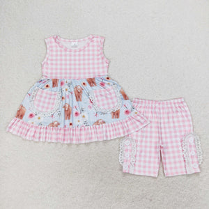 Cow Floral Pink Plaid Pockets Blue Girls Shorts Sets