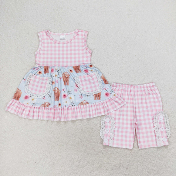 Cow Floral Pink Plaid Pockets Blue Girls Shorts Sets