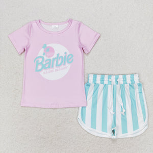 Cartoon Doll Stripe Pink Girls Shorts Sets