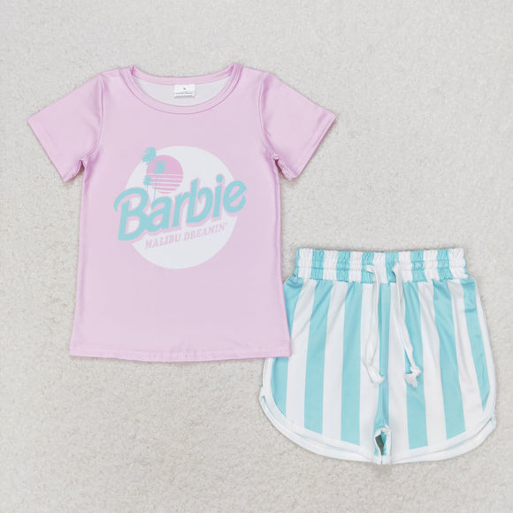 Cartoon Doll Stripe Pink Girls Shorts Sets