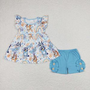 Cartoon Dogs Rainbow Buttons Blue Girls Shorts Sets