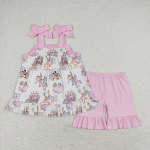 Cartoon Dogs Castle Pink Ruffles Girls Shorts Sets