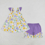 Yellow Floral Purple Girls Shorts Sets