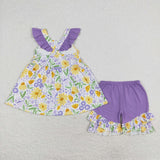 Yellow Floral Purple Girls Shorts Sets