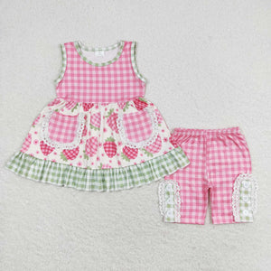 Strawberry Floral Pink Plaid Pockets Lace Ruffles Girls Shorts Sets