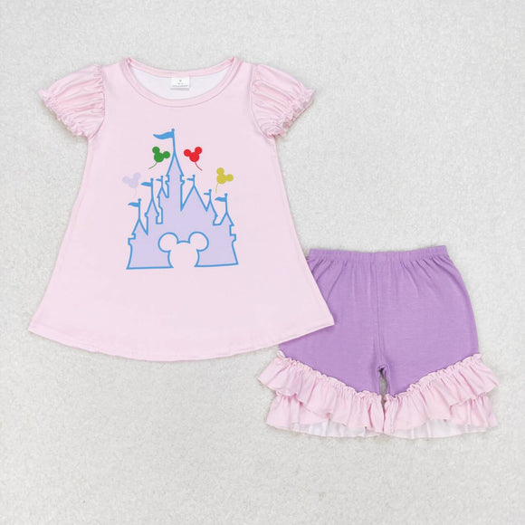 Cartoon Balloon Castle Pink Girls Shorts Sets