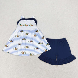 Duck Stripe Navy Ruffles Girls Shorts Sets