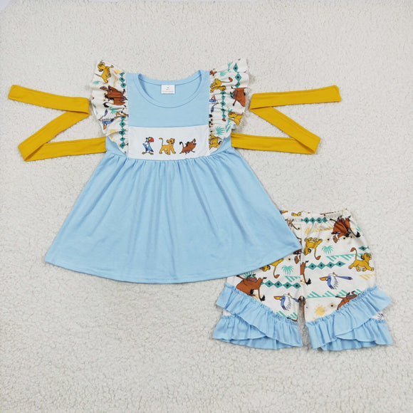 Cartoon Lion Belt Blue Girls Shorts Sets