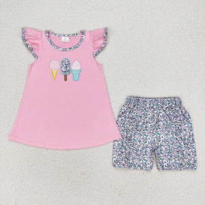 Floral Popsicle Pink Girls Shorts Sets