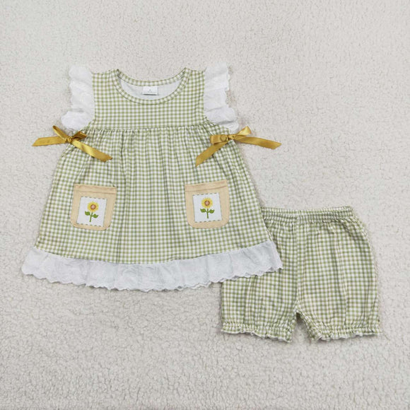 Sunflower Floral Green Plaid Pockets Lace Ruffles Girls Shorts Sets