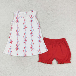 Bow Pattern White Girls 4th of July Outfits