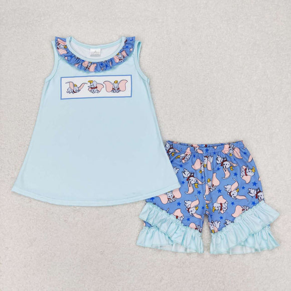 Cartoon Elephant Stars Blue Girls Shorts Sets