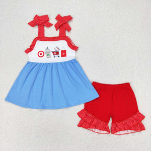 Cartoon Shopping Cart Dog Red Blue Girls Shorts Sets