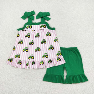 Tractor Pink Stripe Green Ruffles Girls Shorts Sets