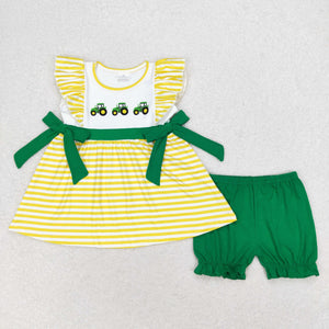 Tractor Yellow Stripe Green Bows Girls Shorts Sets