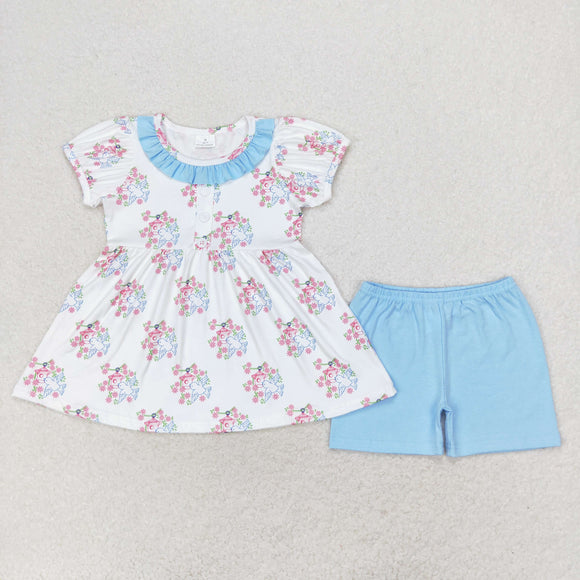 Bird Nest Blue Ruffles White Girls Shorts Sets